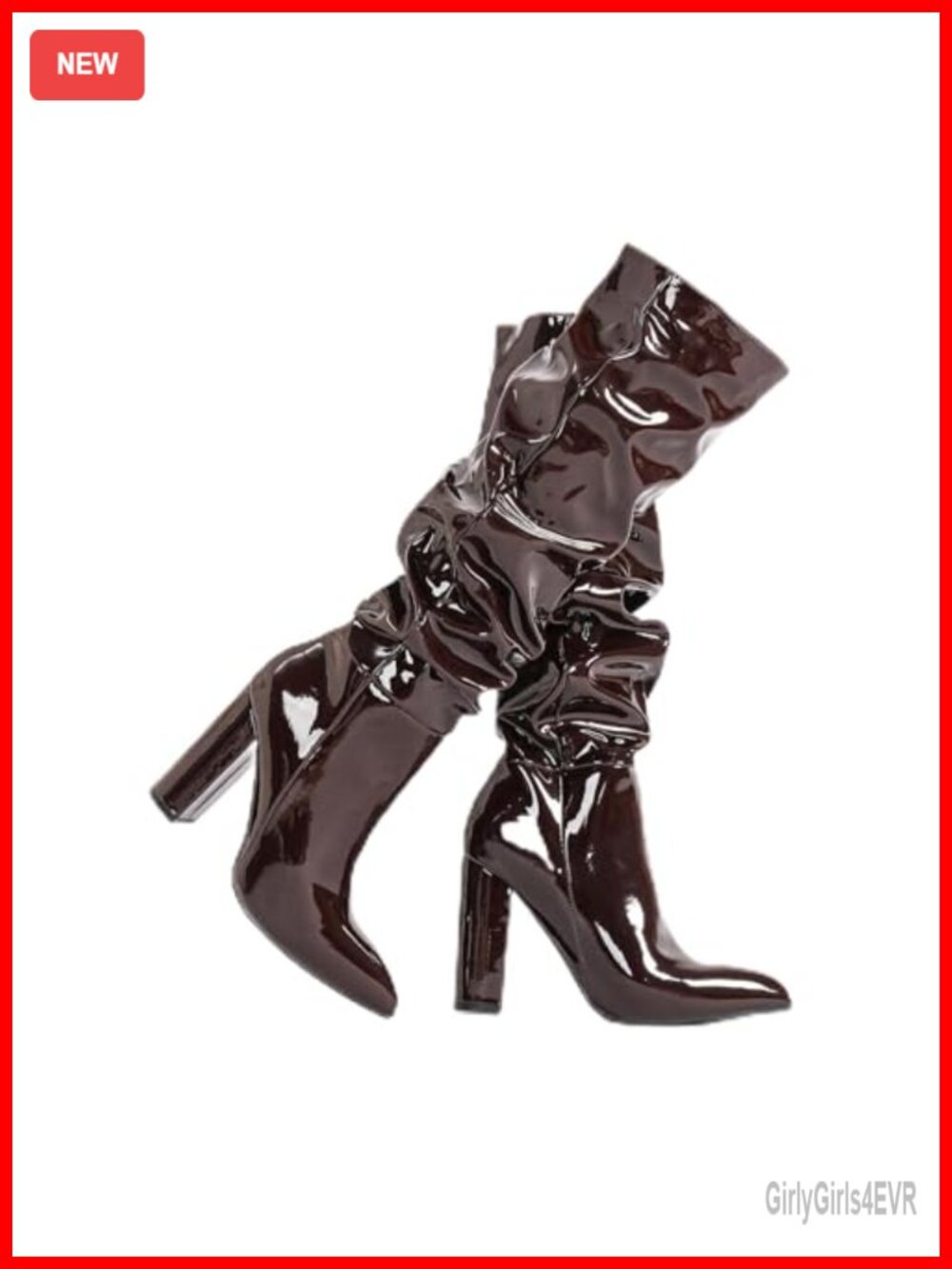 Patent Leather Knee High Boots Chunky Heel Pointed Toe Pull Up Slouched